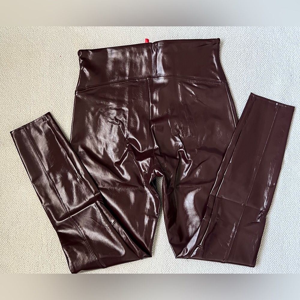 SPANX SHINY FAUX PATENT LEATHER LEGGINGS BURGUNDY/RUBY RED | Size: L - Picture 7 of 15